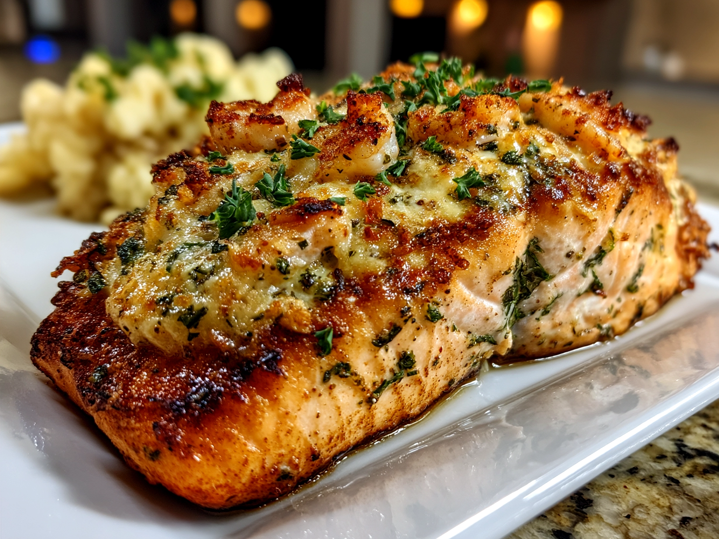  plated Crab And Shrimp Stuffed Salmon with fresh greens and lemon wedge