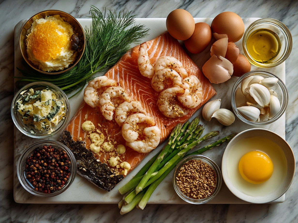Ingredients for Crab And Shrimp Stuffed Salmon laid out on a table