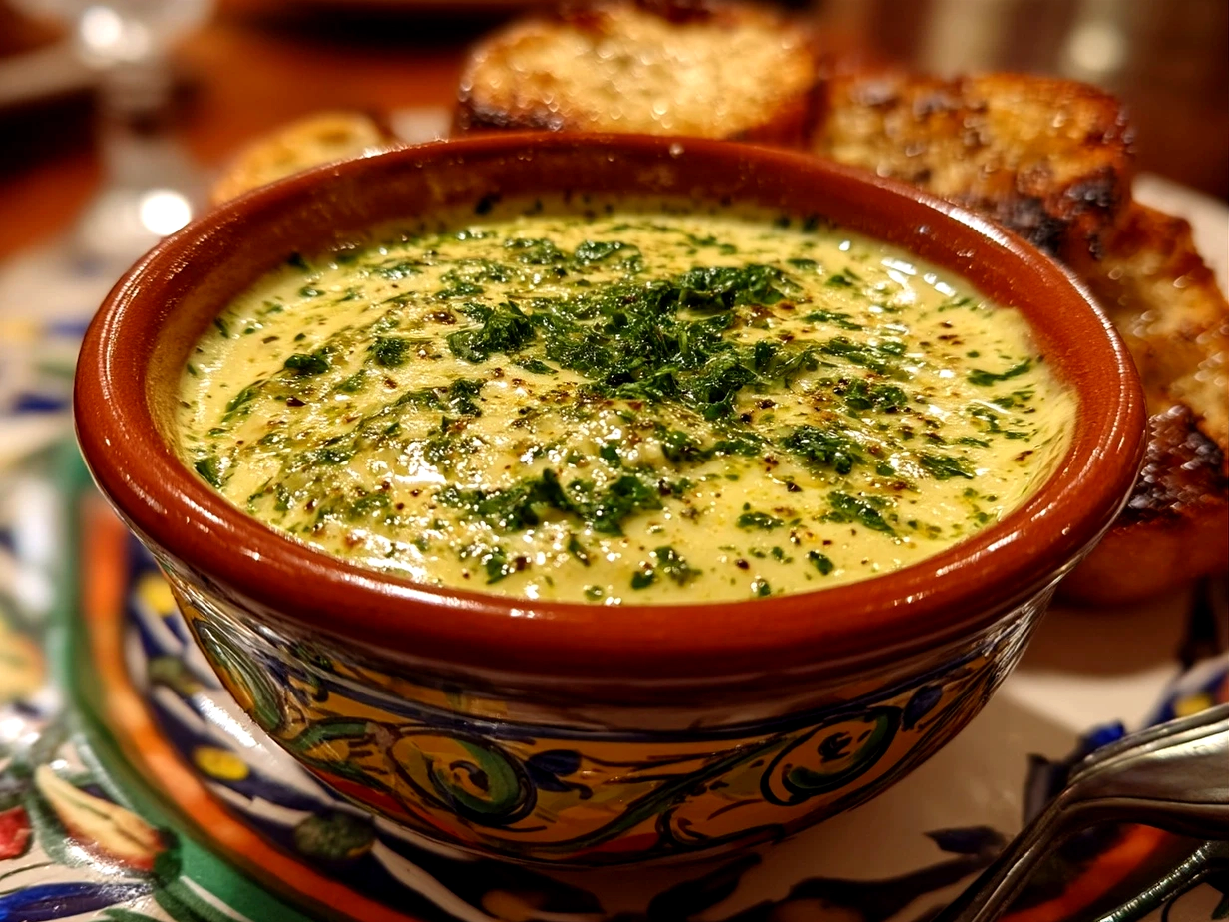 A bowl of creamy pesto aioli garnished with fresh basil, ready to be served.