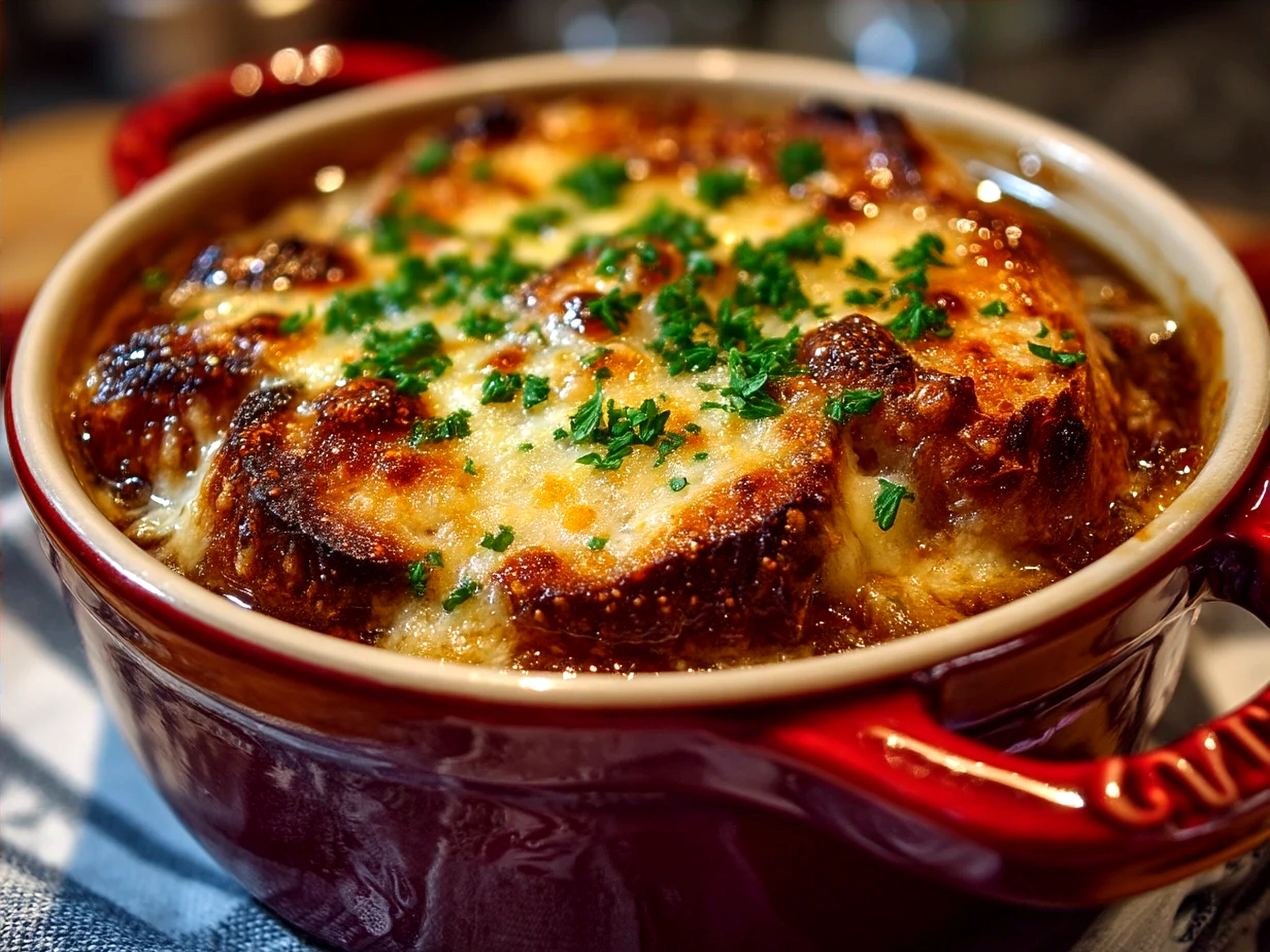 A bowl of Dutch Oven French Onion Soup with melted Gruyere cheese on toasted baguette slices