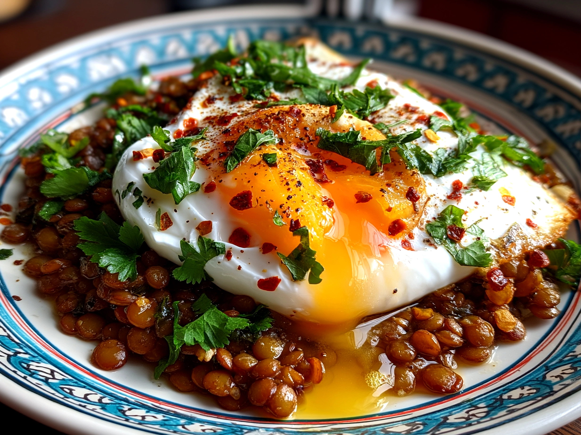 Final presentation of Eggcentric lentils with poached egg and yogurt garnished with fresh herbs
