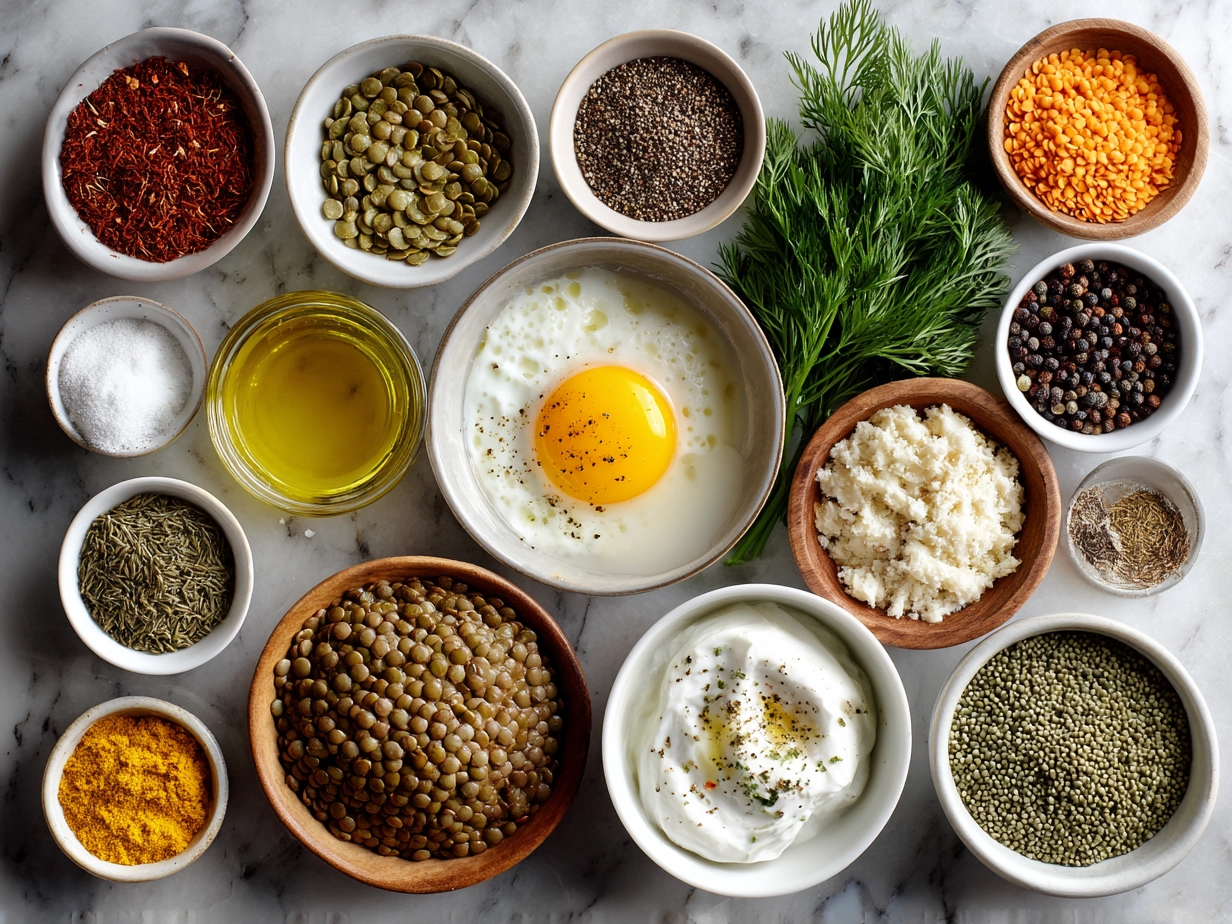 Ingredients for Eggcentric lentils with poached egg and yogurt including lentils, eggs, yogurt, onion, garlic, and spices