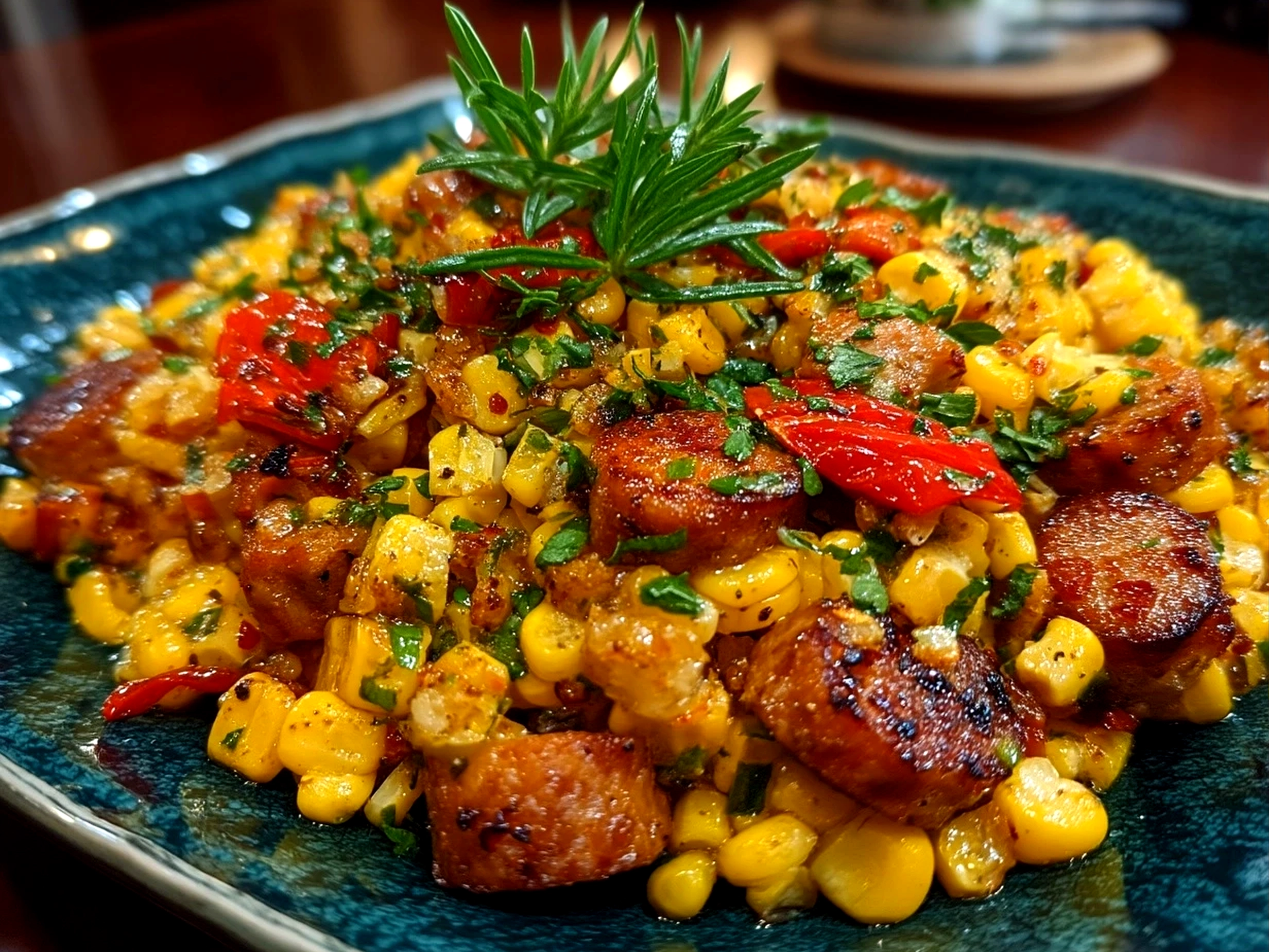 Finished Maque Choux With Sausage Corn served in a bowl garnished with thyme