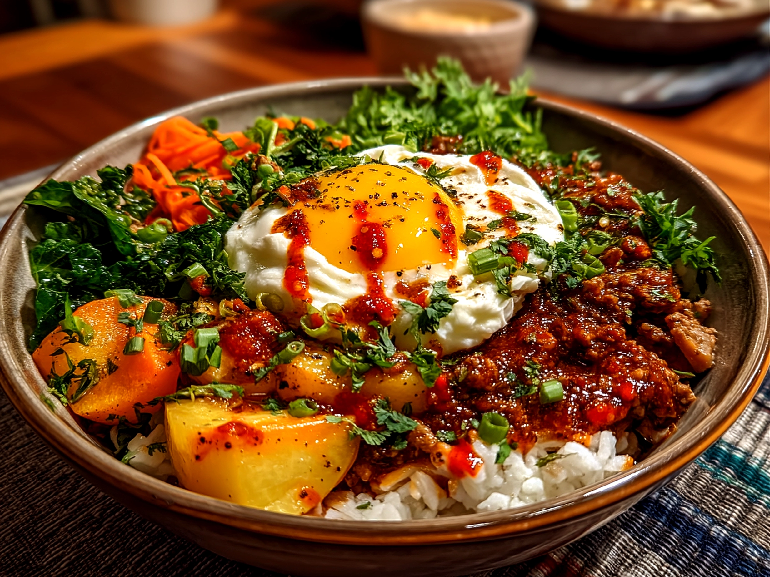 Close-up of finished Superbowl Food Nourish Bowl with vibrant layers of ingredients and nuts