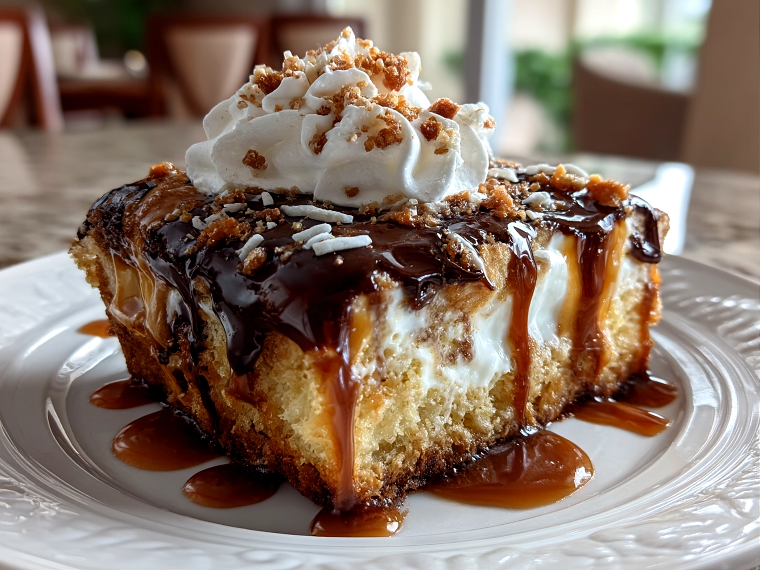 Finished Turtle Poke Cake with caramel drizzle and pecan topping