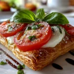 Fresh homemade Puff Pastry Caprese on white plate