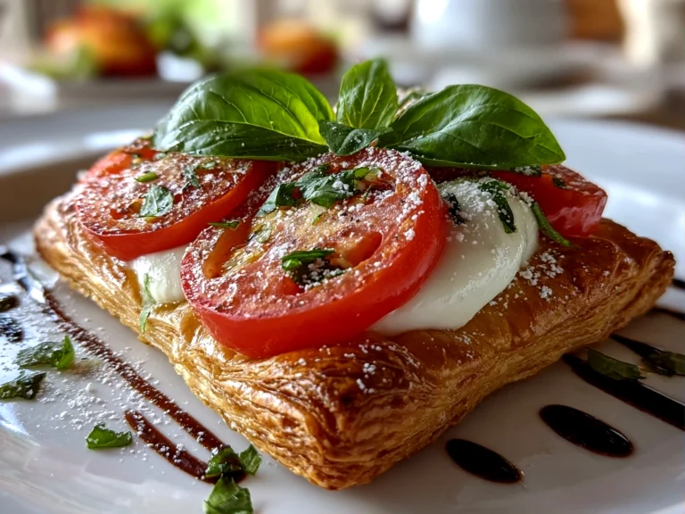 Fresh homemade Puff Pastry Caprese on white plate