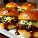 Freshly prepared BBQ Brisket Melts on white plate