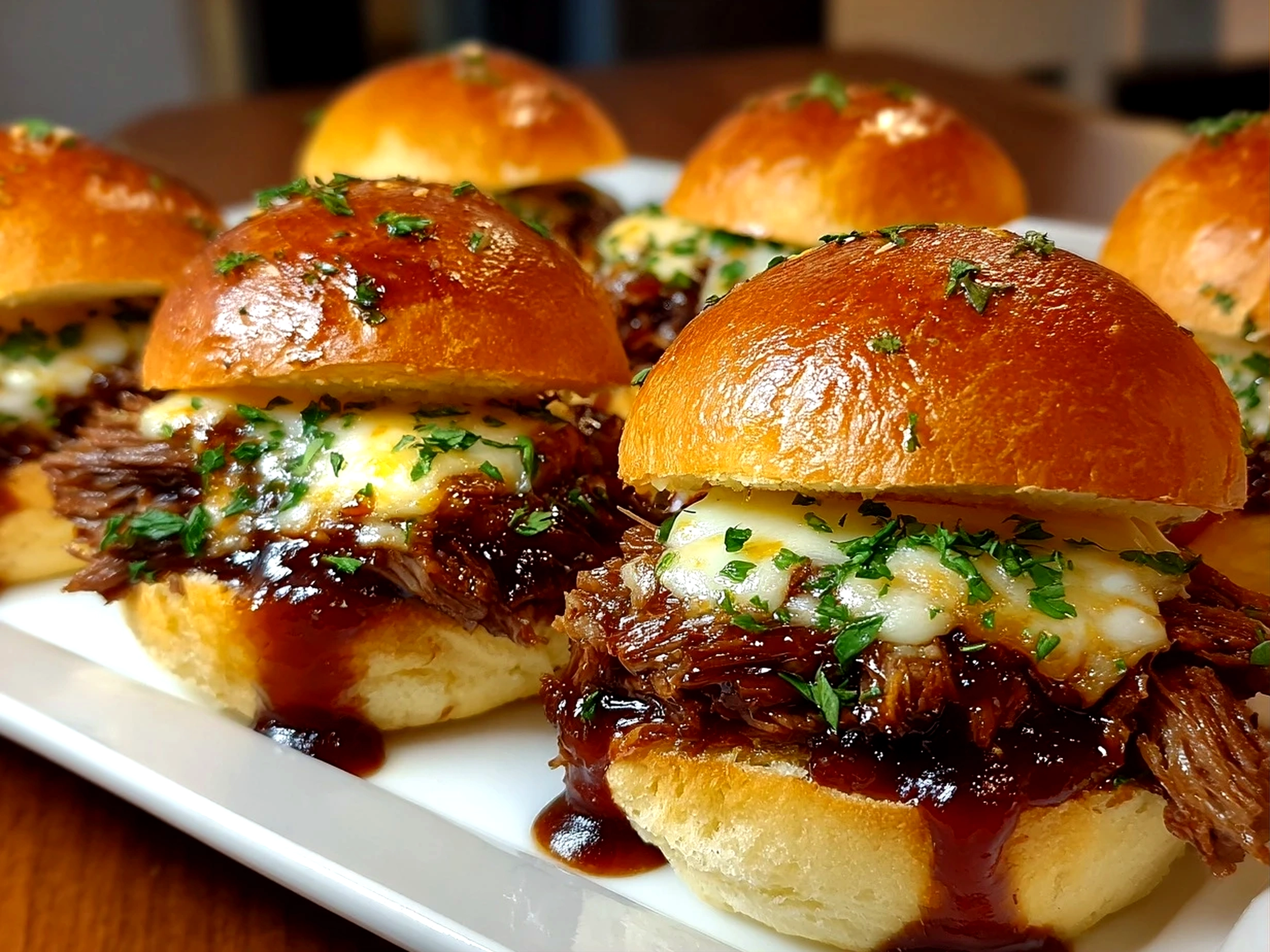 Freshly prepared BBQ Brisket Melts on white plate