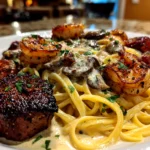Freshly prepared Blackened Steak Shrimp Alfredo plated elegantly