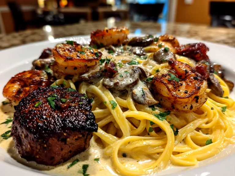 Freshly prepared Blackened Steak Shrimp Alfredo plated elegantly