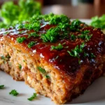 Freshly prepared classic meatloaf on white plate