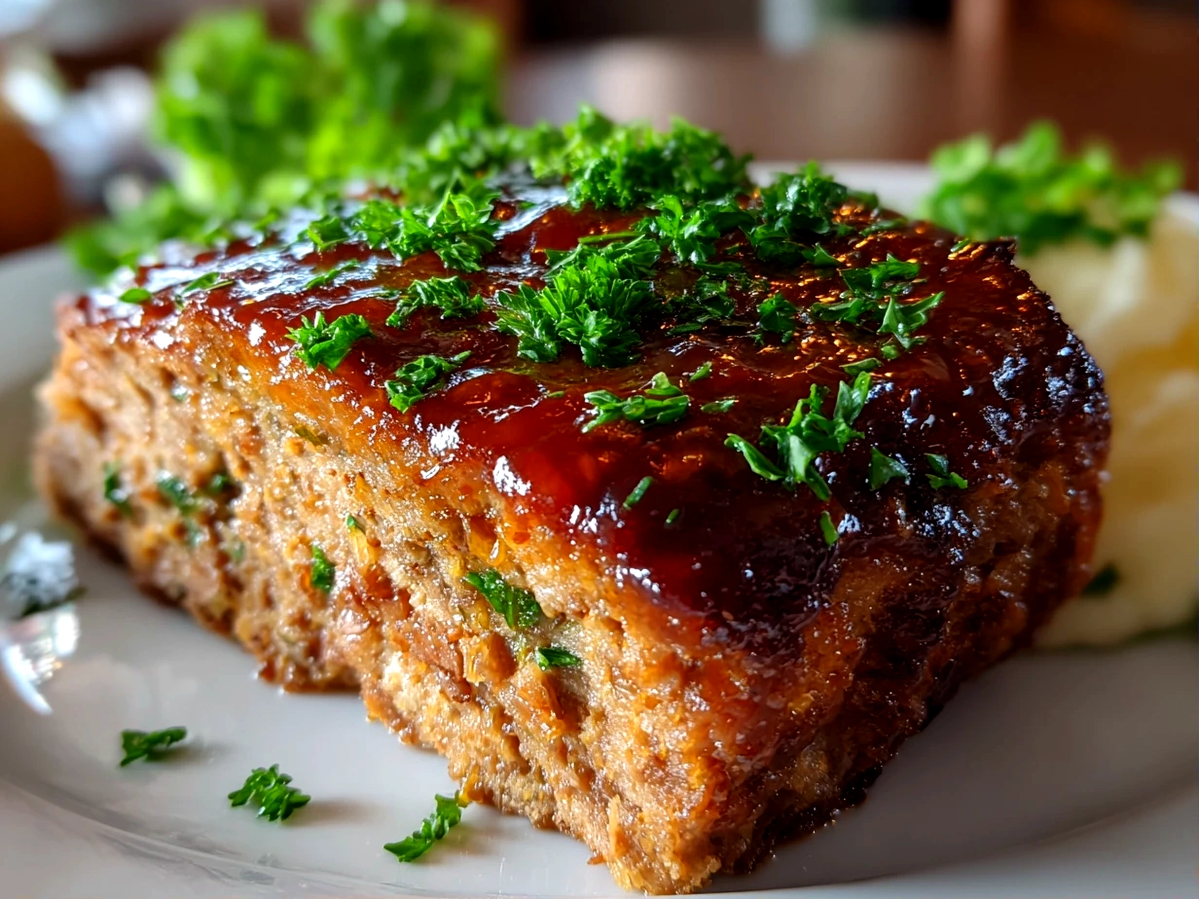 Freshly prepared classic meatloaf on white plate