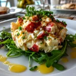 Freshly prepared crab salad on white plate
