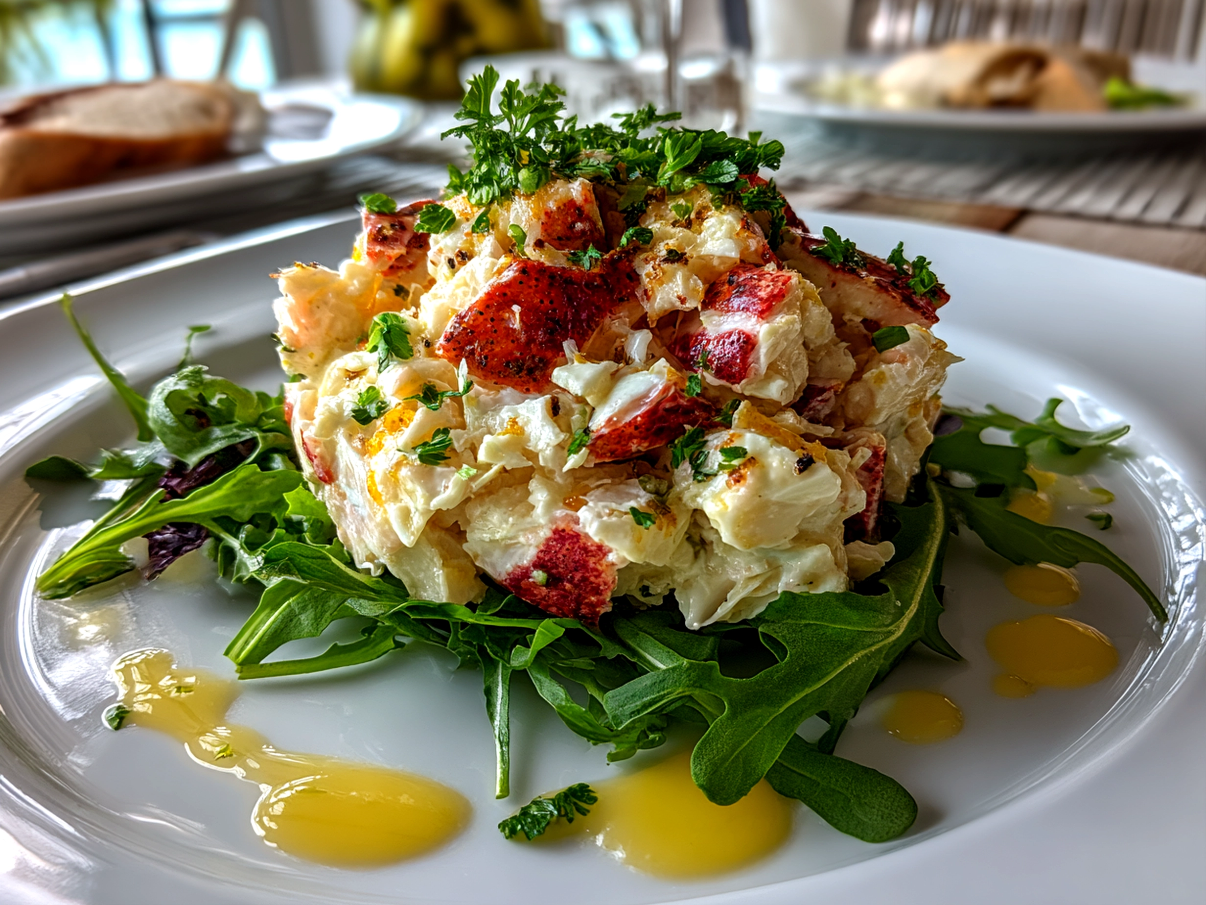 Freshly prepared crab salad on white plate