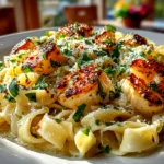 Freshly prepared creamy roast garlic and lemon pasta sauce presented on white plate