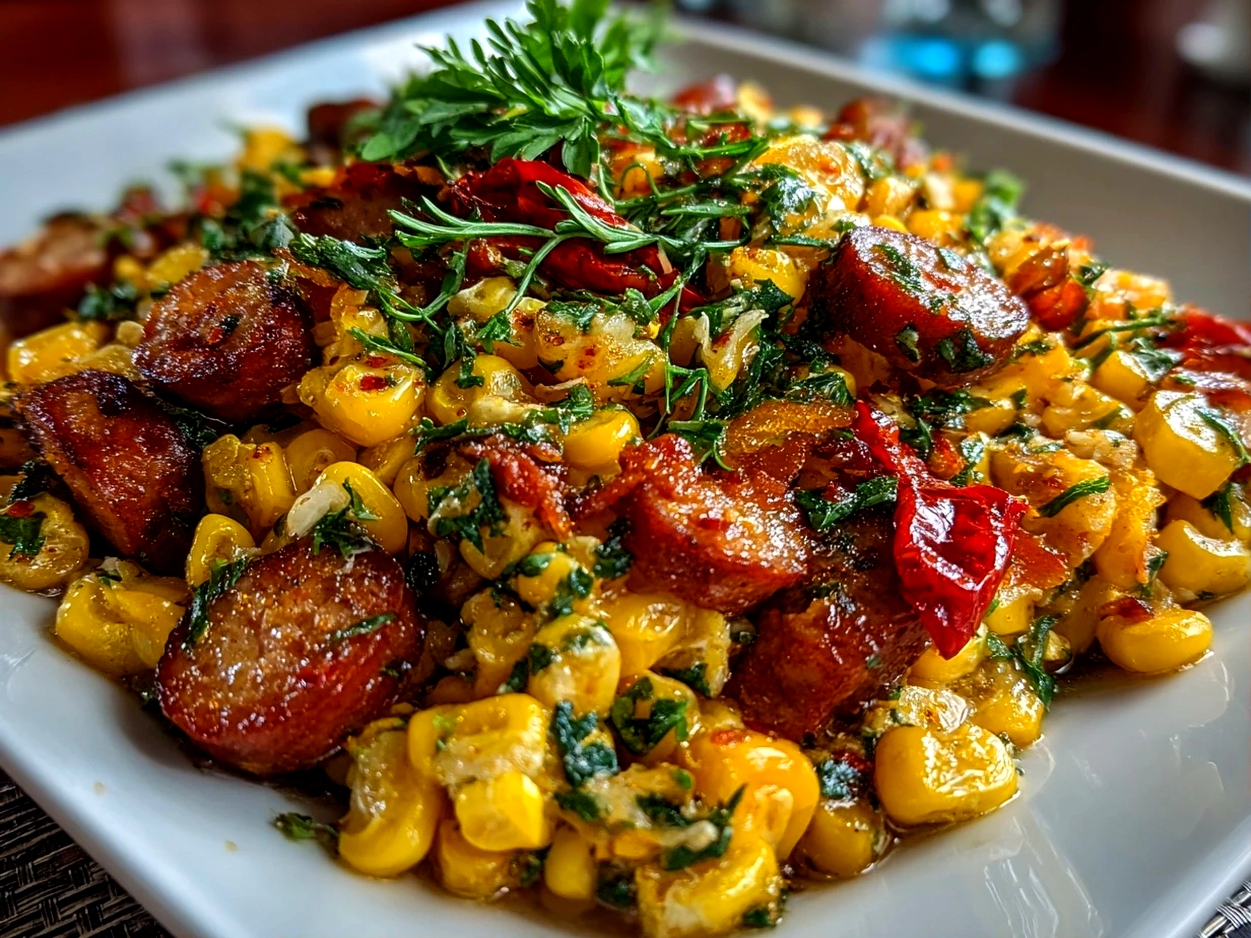 Freshly prepared Maque Choux With Sausage Corn