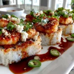 Freshly prepared Spicy Shrimp Sushi Stack close-up
