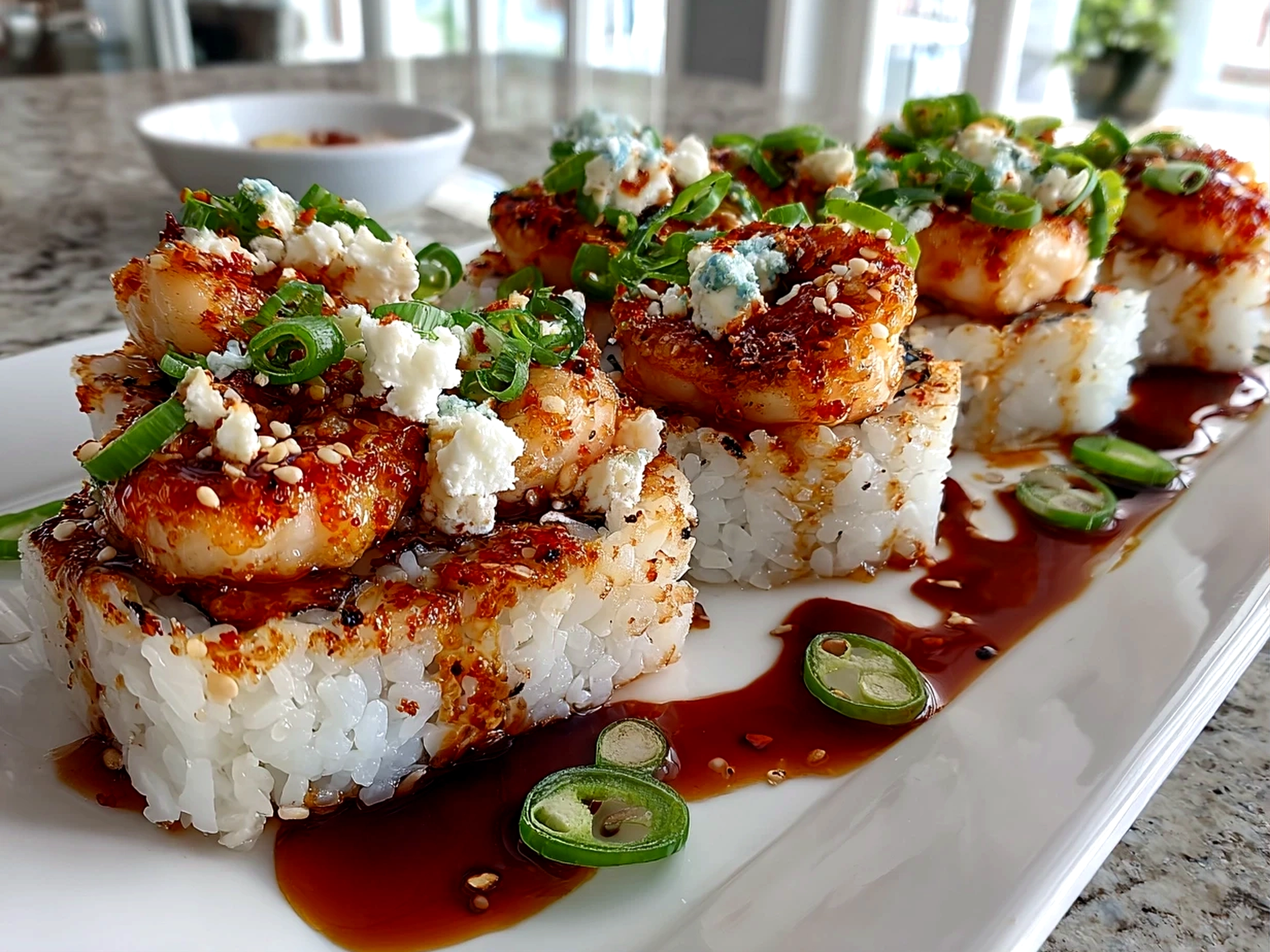 Freshly prepared Spicy Shrimp Sushi Stack close-up