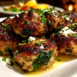 Freshly prepared spinach garlic meatballs on white plate