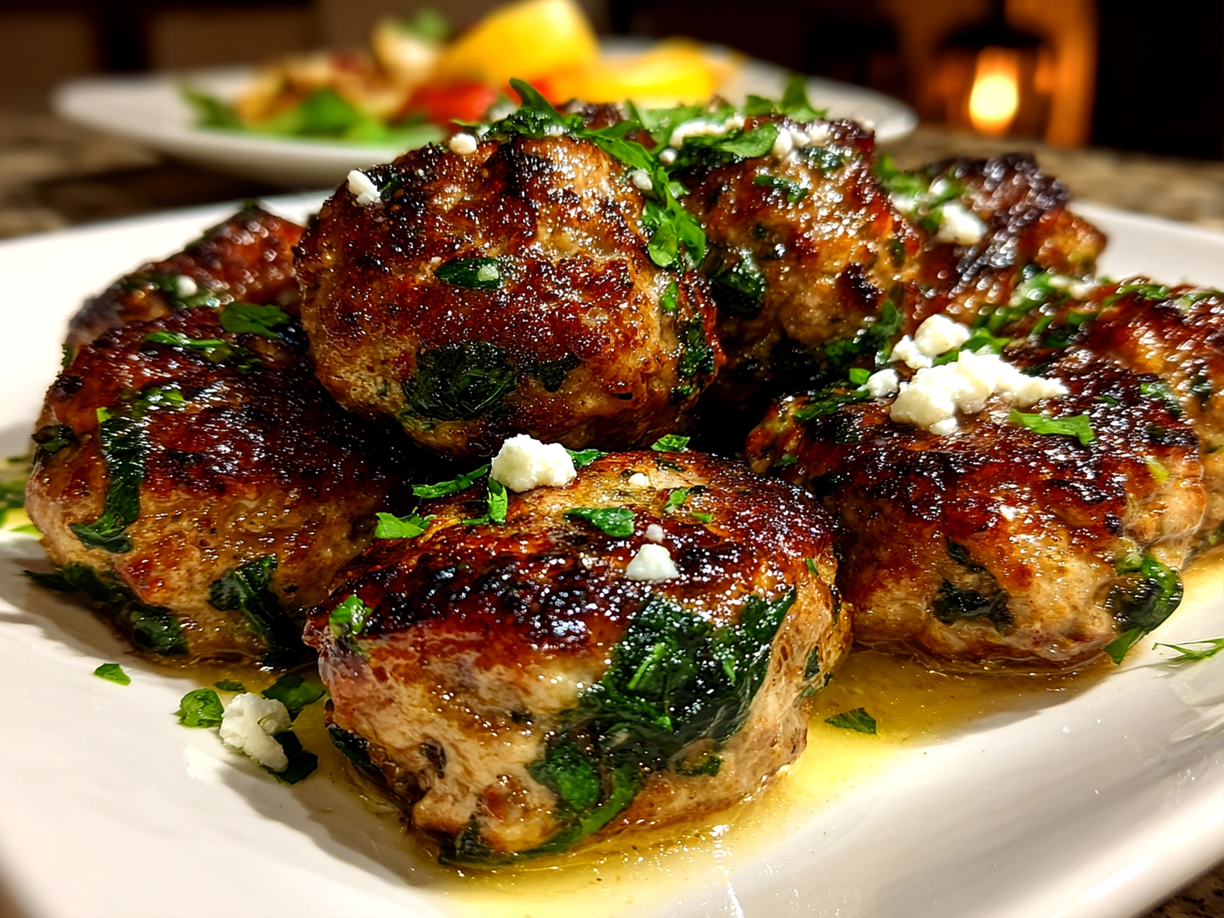 Freshly prepared spinach garlic meatballs on white plate