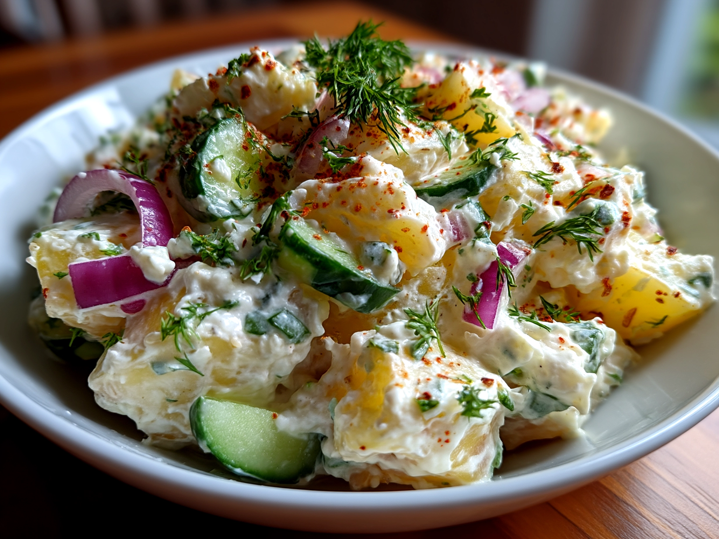 Serving Greek Yogurt Potato Salad with Cucumbers