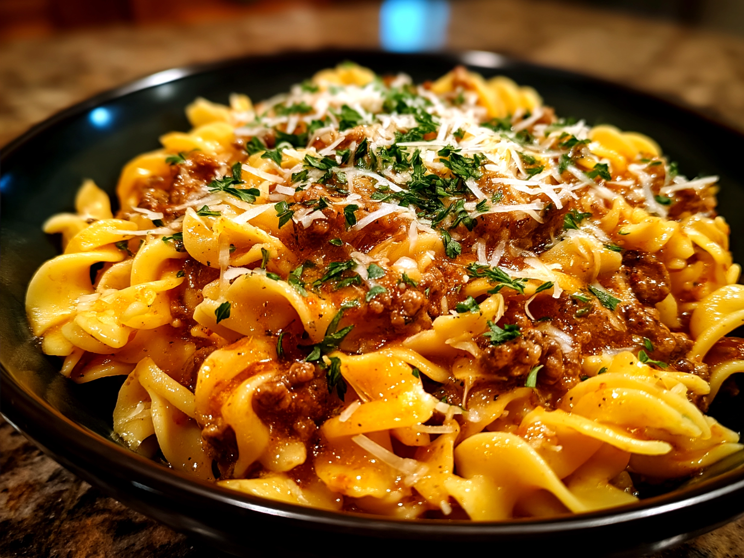 Serving of Ground Beef Stroganoff over noodles with parsley garnish