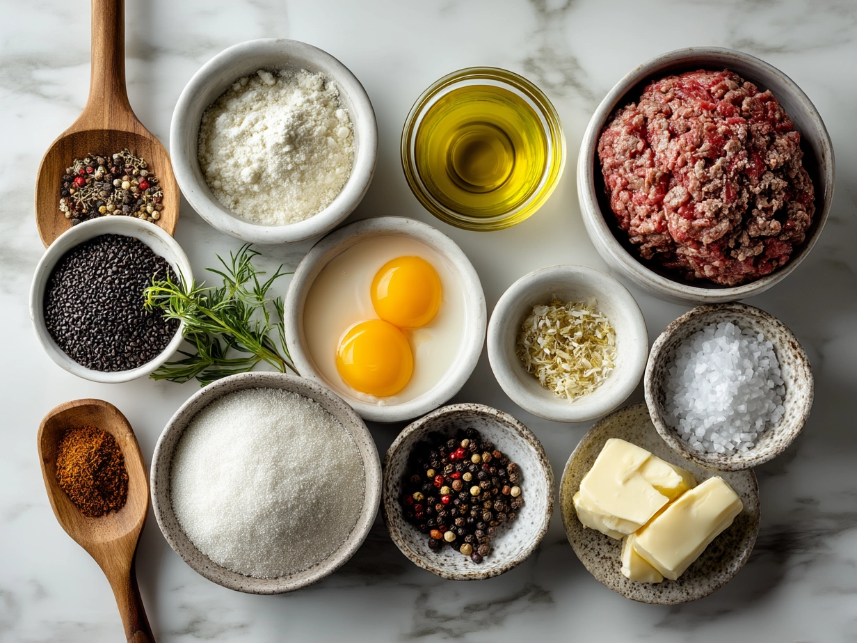 Ingredients for Ground Beef Stroganoff on wooden surface