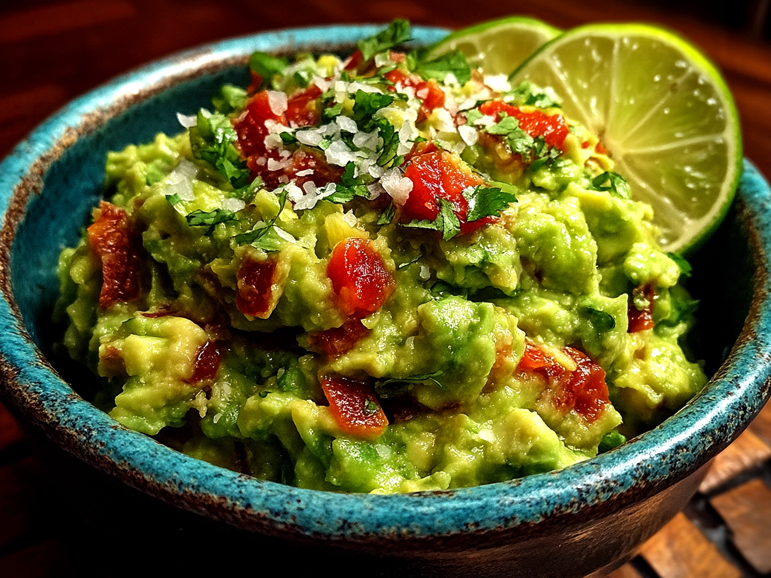 Serving bowl of freshly made guacamole with wooden spoon