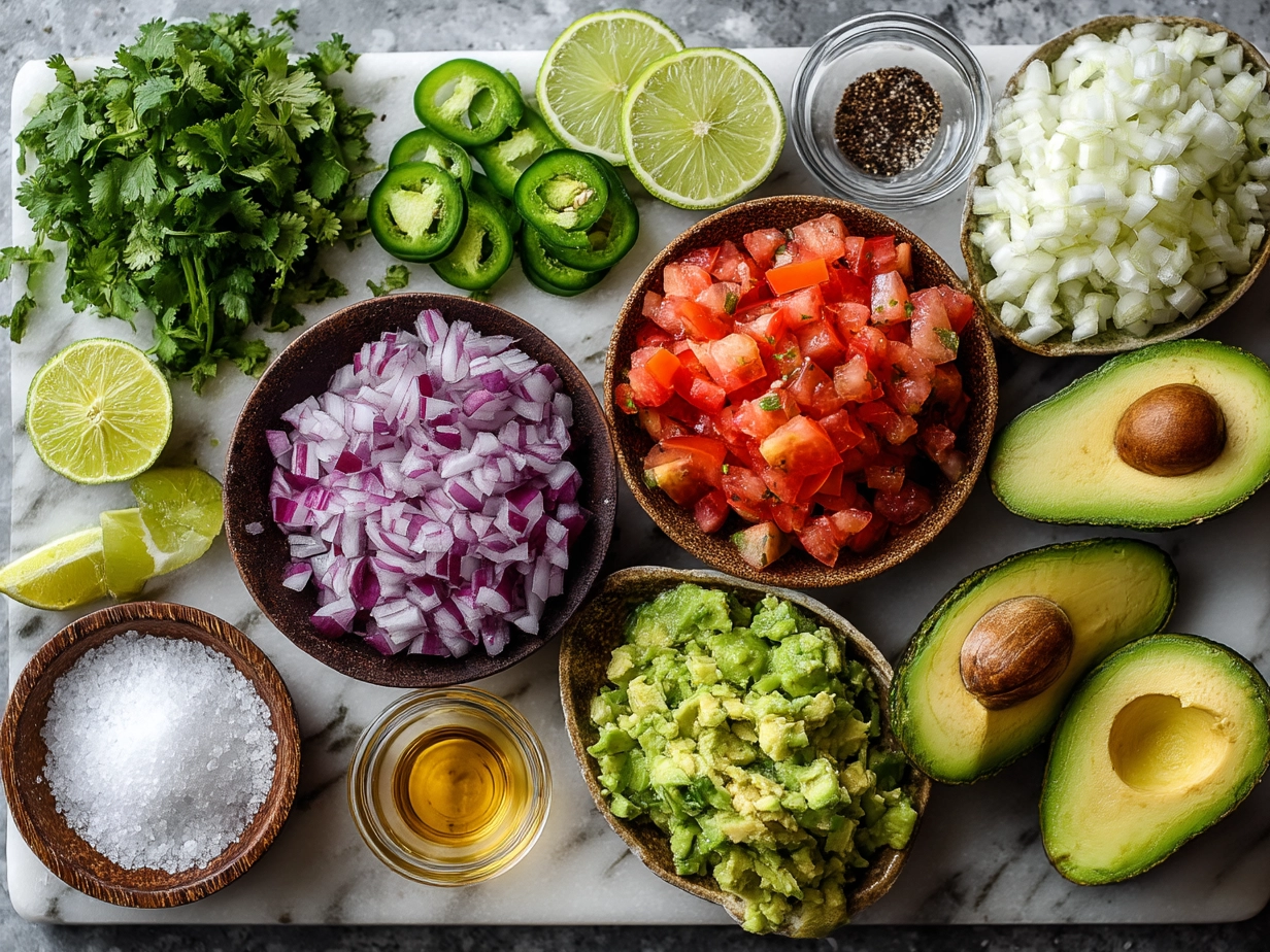 Ingredients laid out for homemade guacamole including ripe avocados, lime, red onion, garlic, cilantro, tomato, salt, and cumin