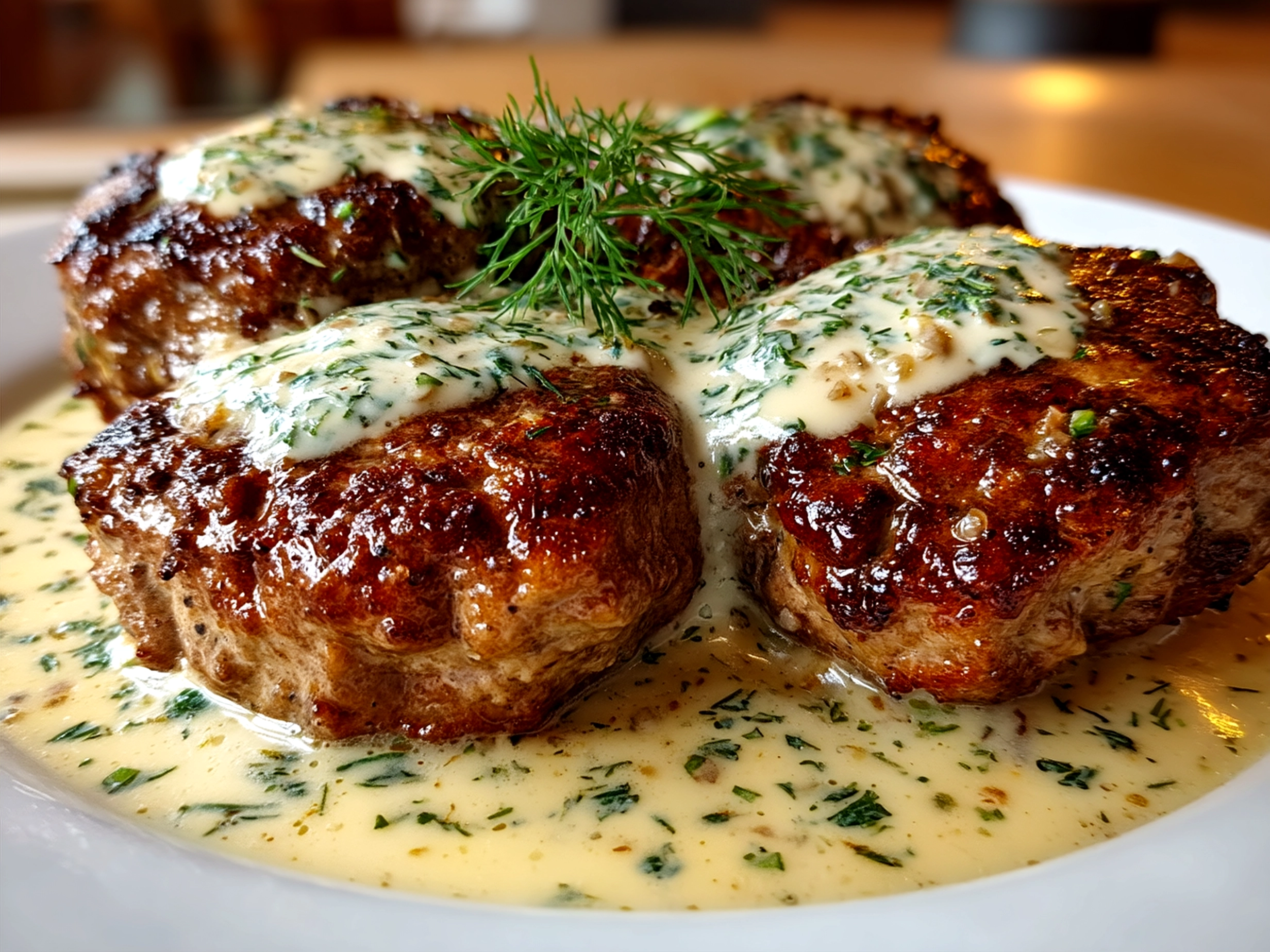 Plated Hamburger Steaks in Creamy Dill Sauce served with mashed potatoes and greens