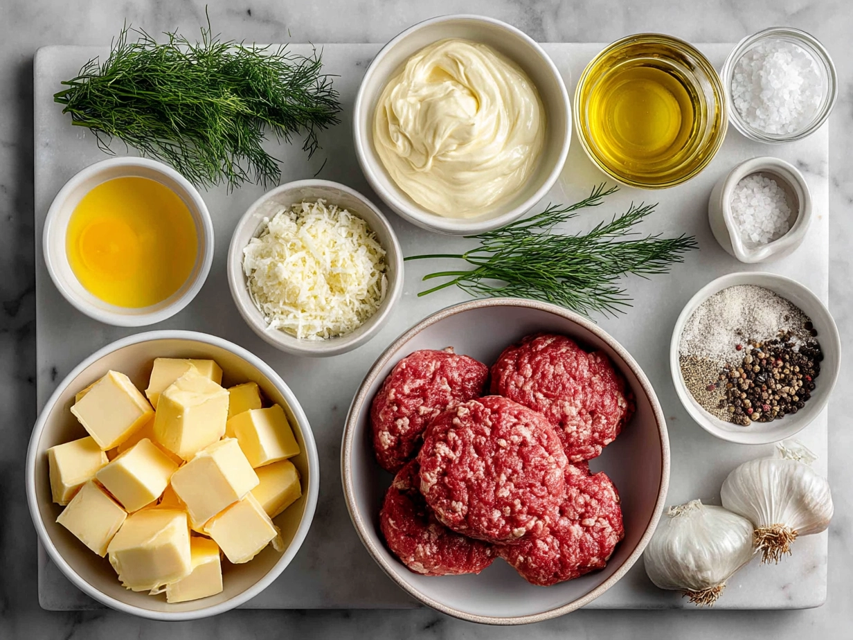 Ingredients for Hamburger Steaks in Creamy Dill Sauce neatly arranged on a wooden board