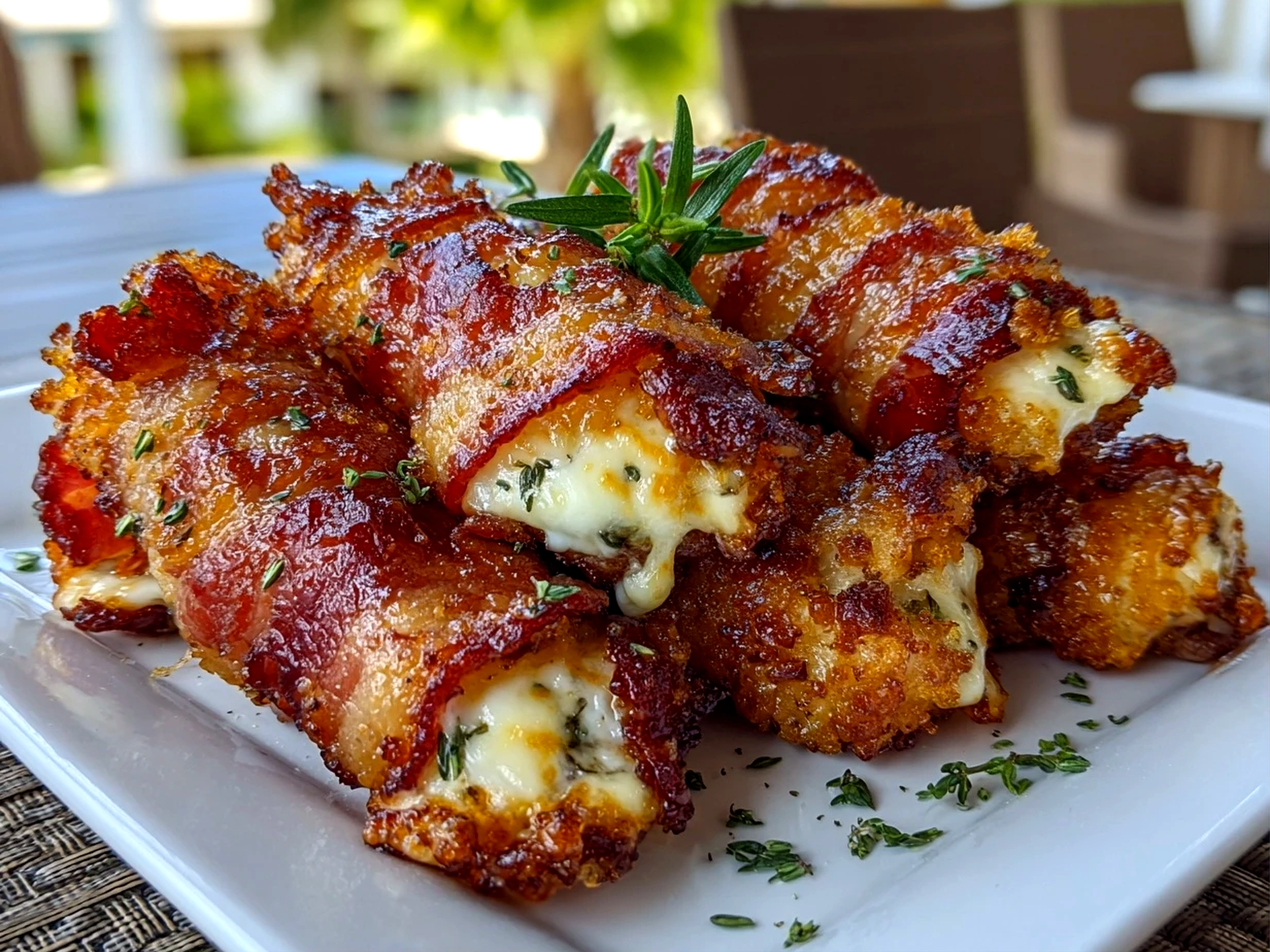 Homemade bacon wrapped grilled cheese fingers on white plate