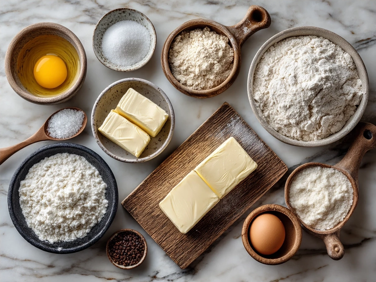 Ingredients for Homemade Bread including flour, yeast, olive oil and salt