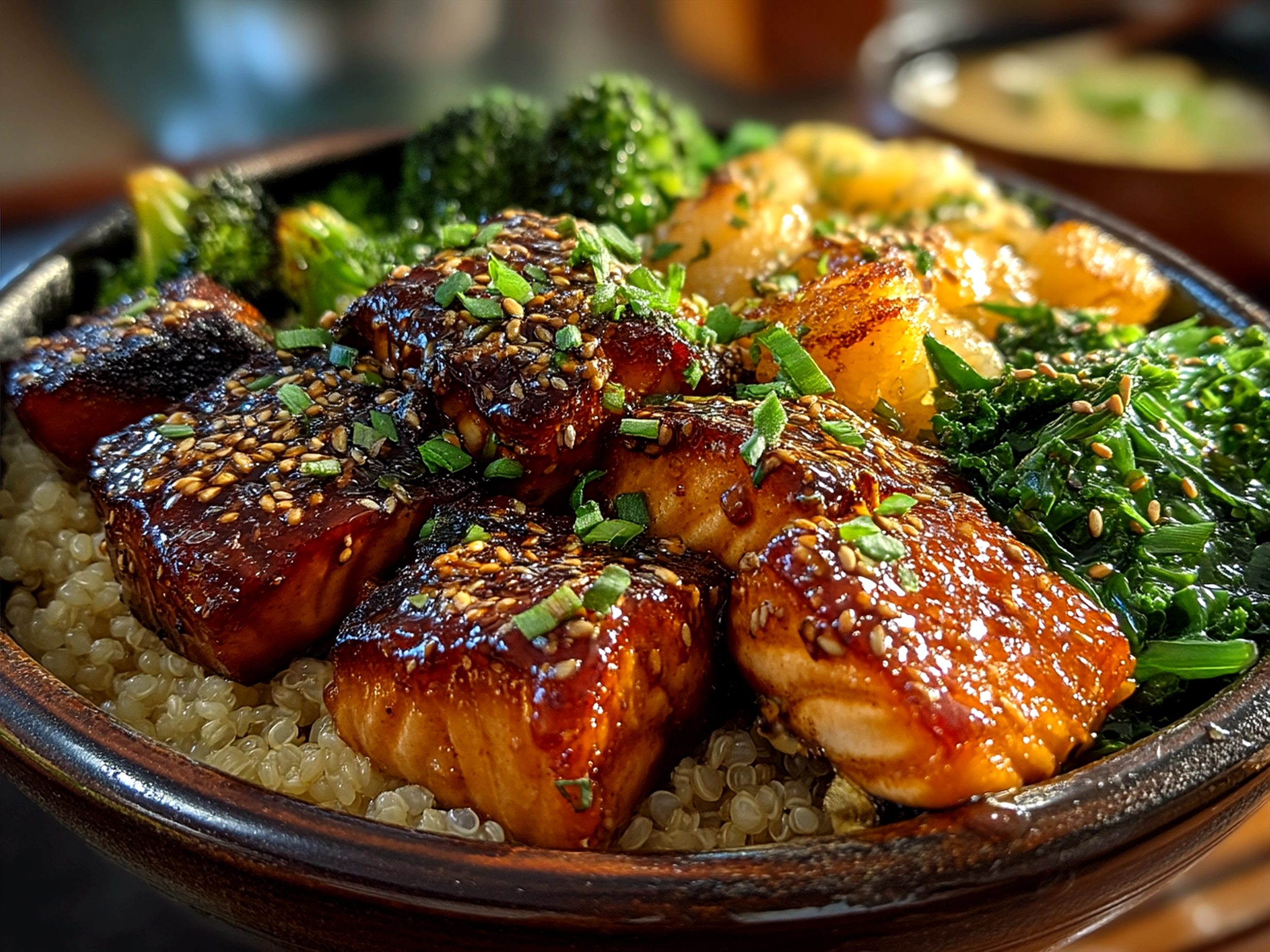 Served Honey Glazed Salmon Bowl with rice, broccoli, shredded carrots, avocado, and garnished with sesame seeds and scallions