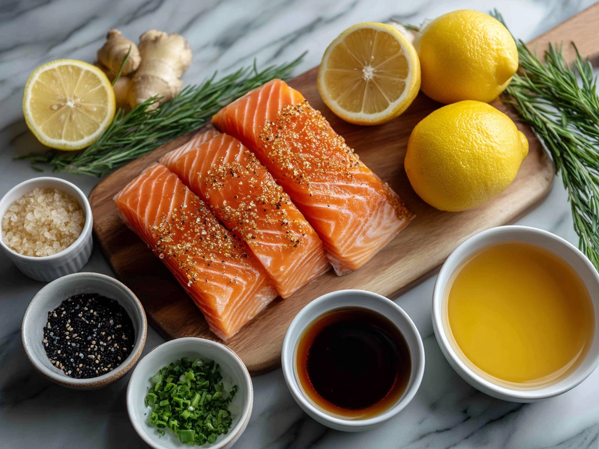 Ingredients for Honey Glazed Salmon Bowl including salmon, honey, soy sauce, rice vinegar, ginger, garlic, sesame oil, rice, broccoli, carrots, and avocado