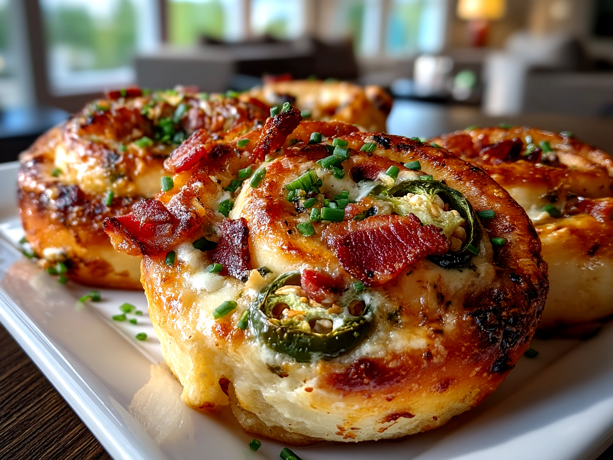 Freshly baked Jalapeno Popper Pinwheels arranged on a wooden board ready to serve