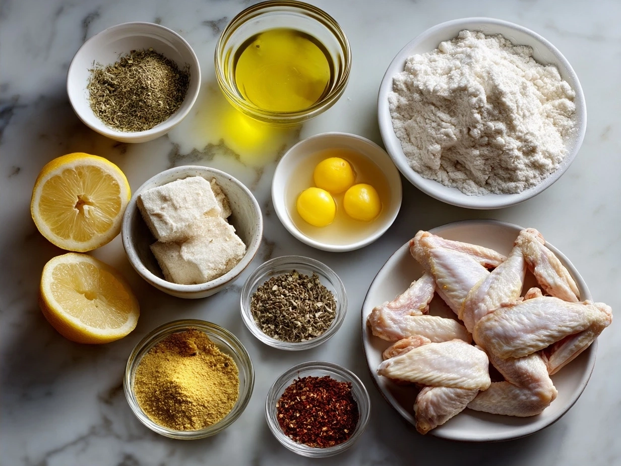 Ingredients for Lemon Pepper Wings including lemon zest, garlic, chicken wings, olive oil, and fresh parsley