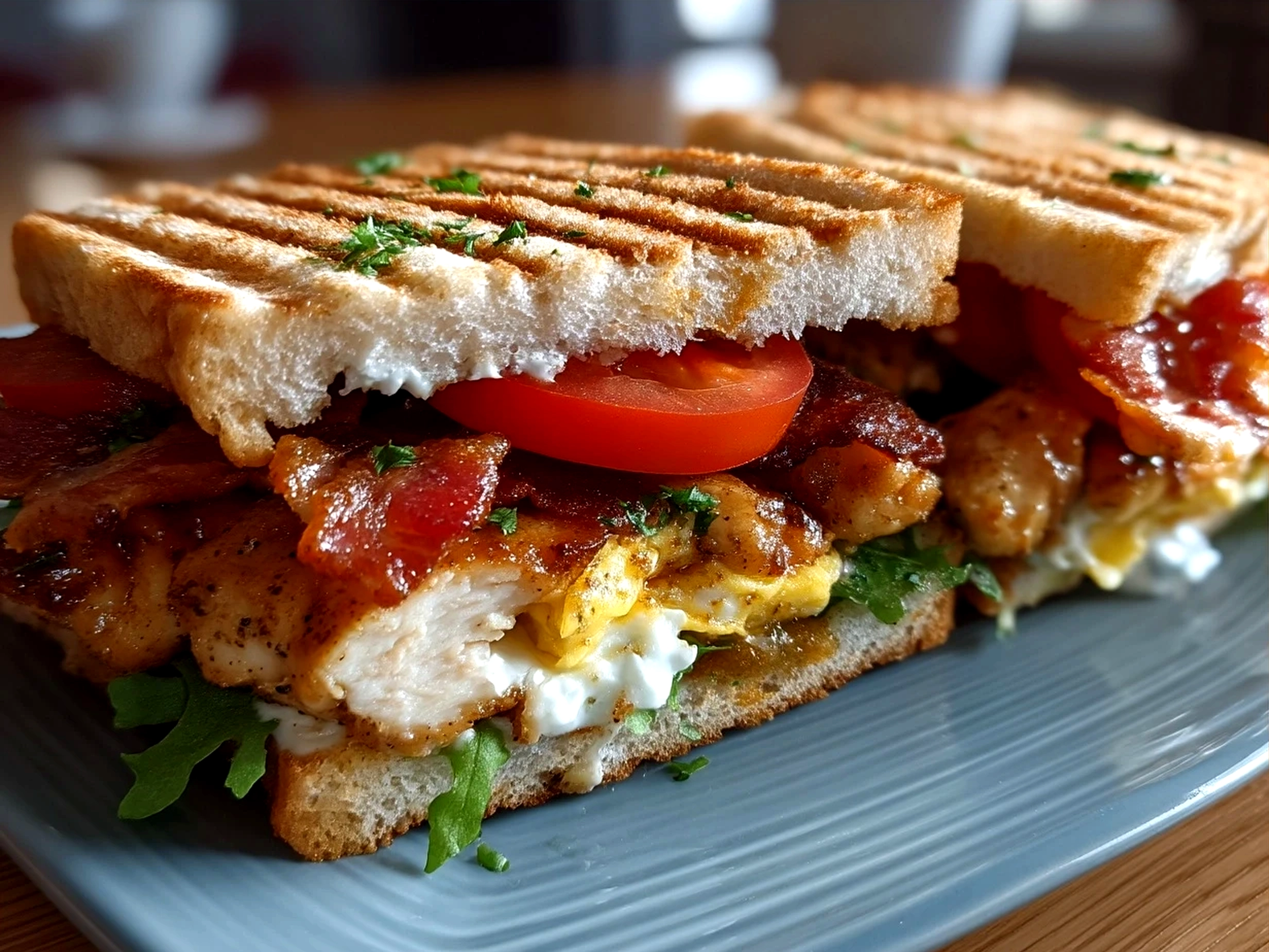 Beautifully plated Loaded Chicken Club Sandwich ready to serve