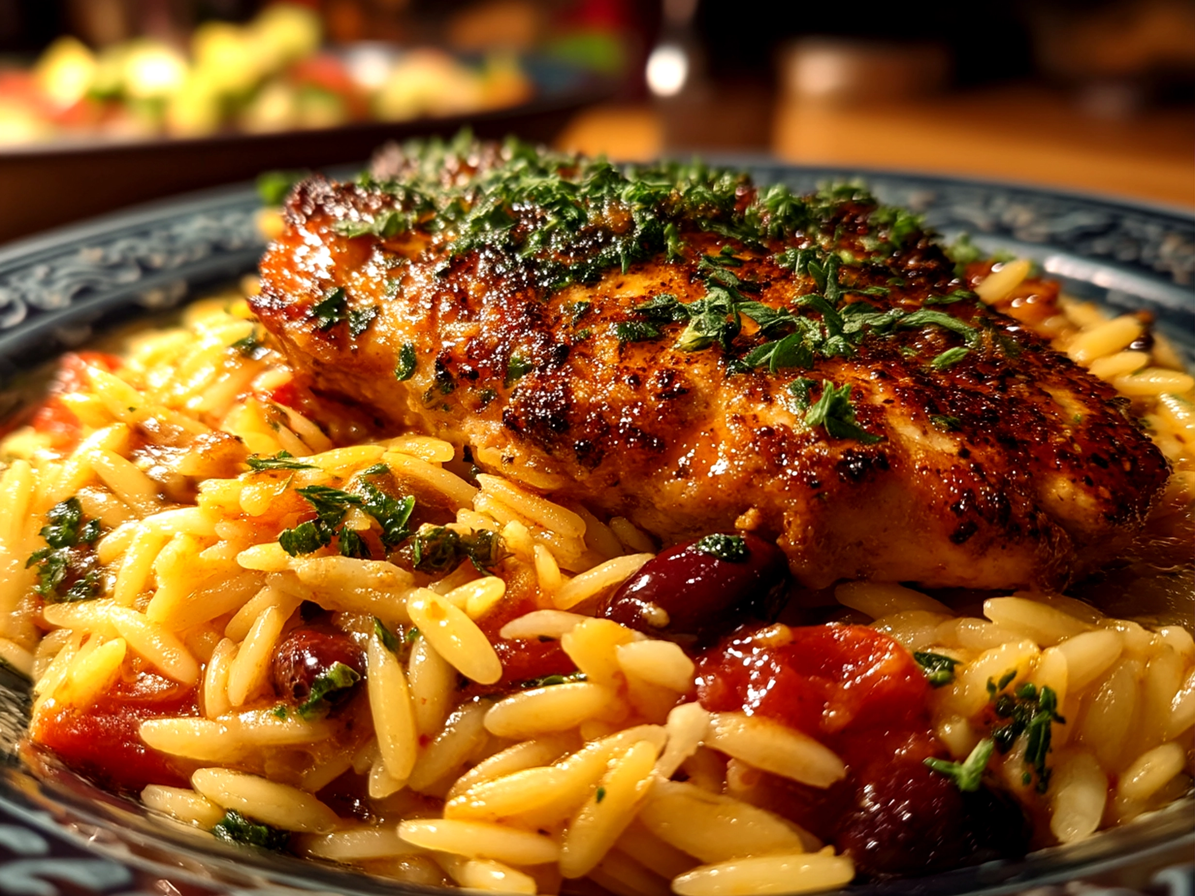 A bowl of Mediterranean Chicken Orzo topped with fresh parsley and crumbled feta cheese, ready to serve