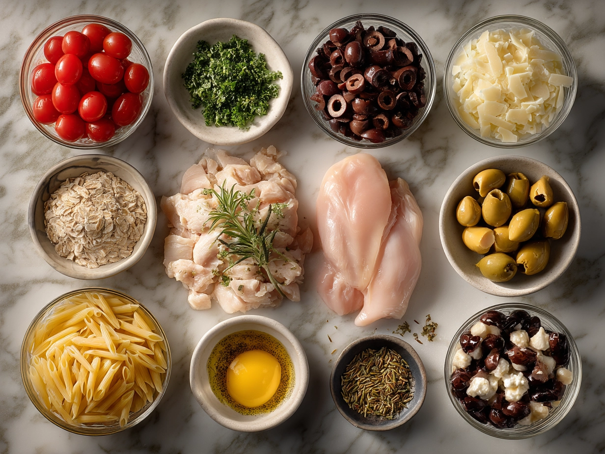 Ingredients for Mediterranean Chicken Orzo spread out on a kitchen counter including orzo pasta, chicken breasts, lemon, tomatoes, olives, feta, garlic, and herbs