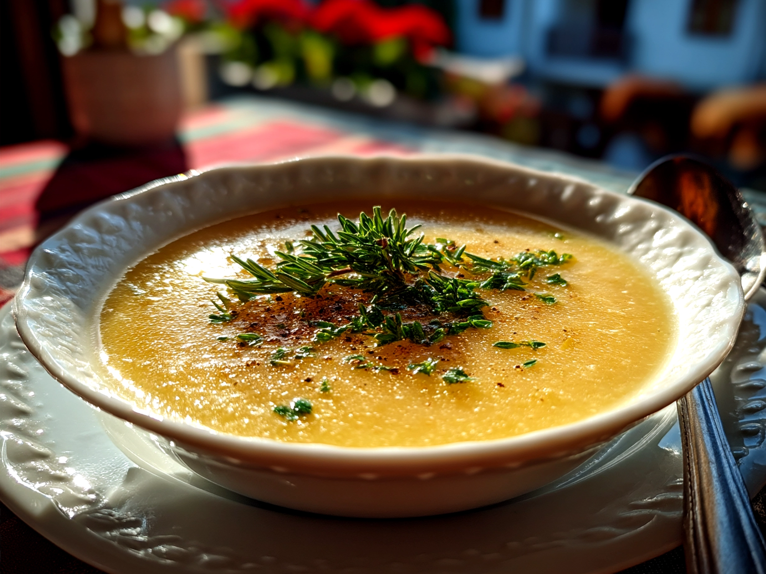 Serving bowl of creamy potato soup with fresh chives and slices of crusty bread