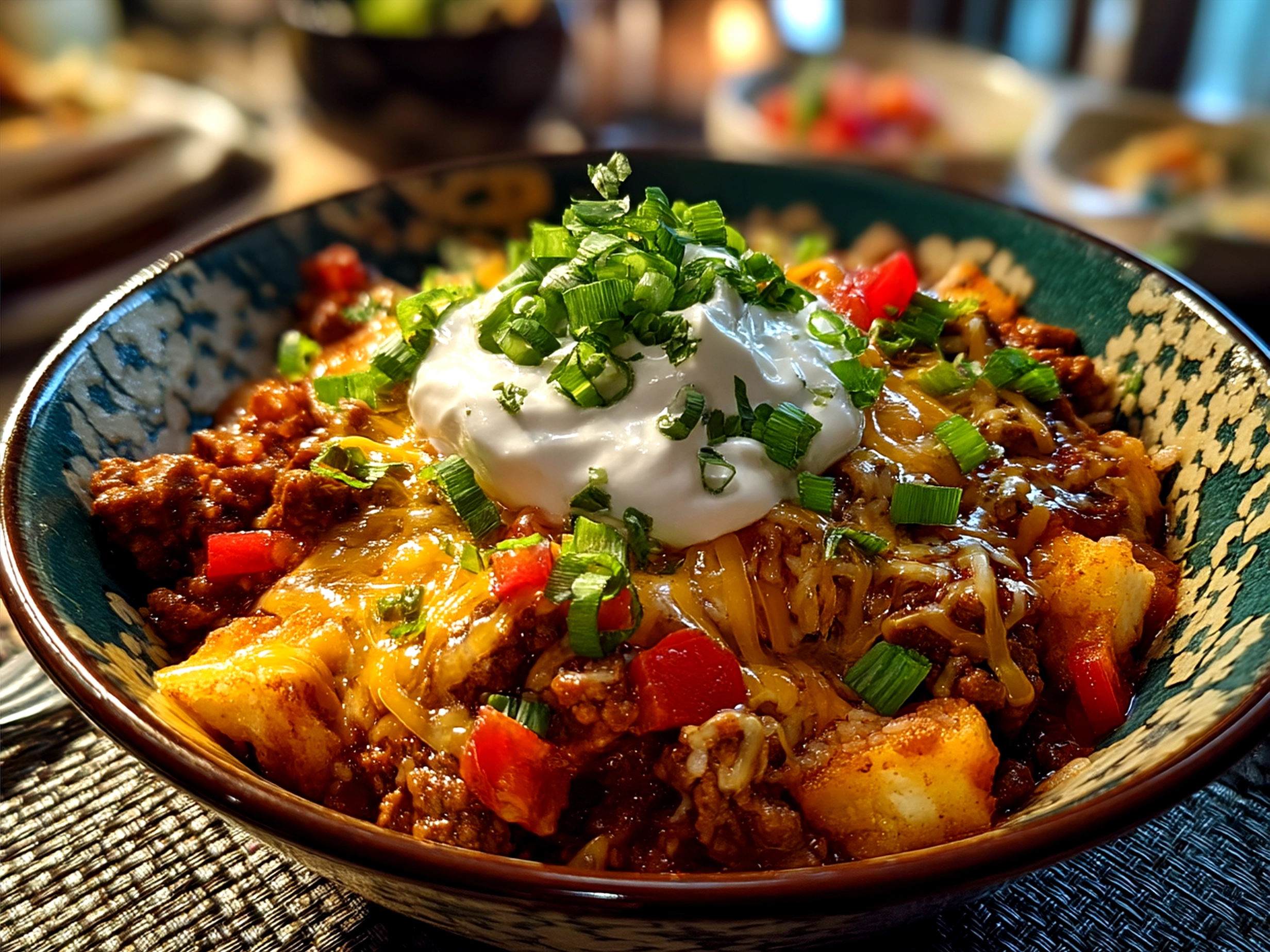 Finished Ranch Taco Party Bowl with vibrant vegetables, cheese, and avocado slices served in a bowl