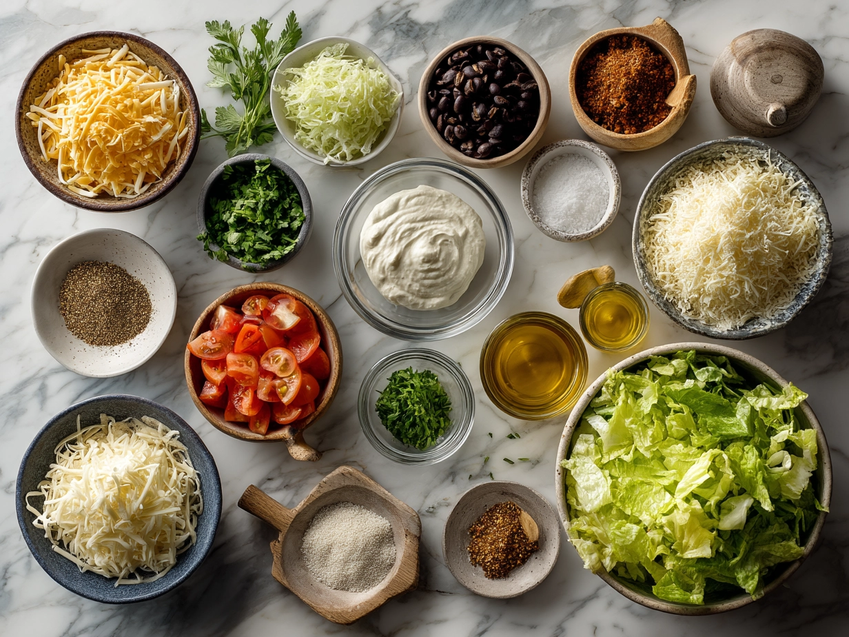 Ingredients for Ranch Taco Party Bowl arranged on a kitchen counter including ground meat, veggies, and spices