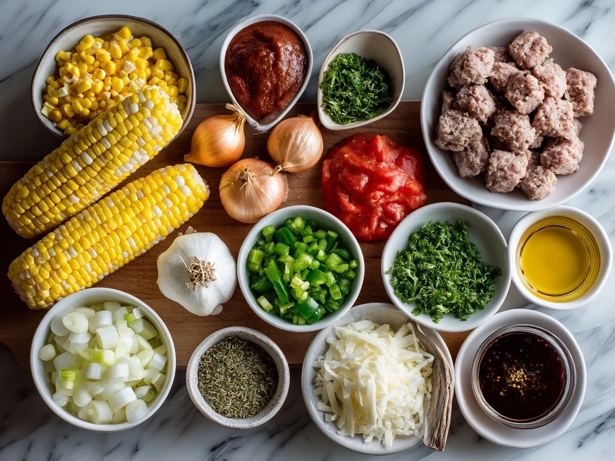 Raw ingredients for Maque Choux With Sausage Corn including fresh corn, sausage, bell pepper, onions, and spices
