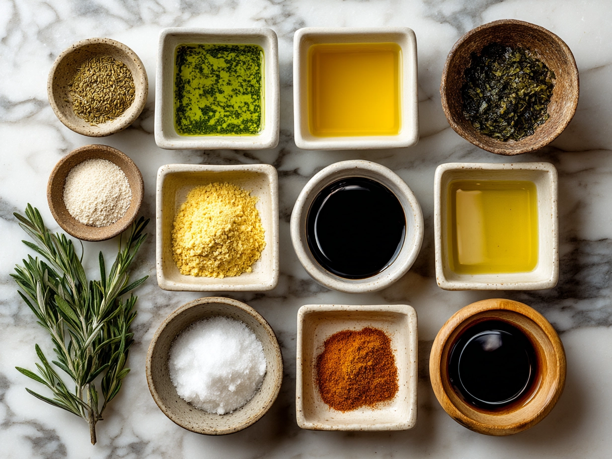 Raw ingredients laid out for Tortellini Soup on marble surface