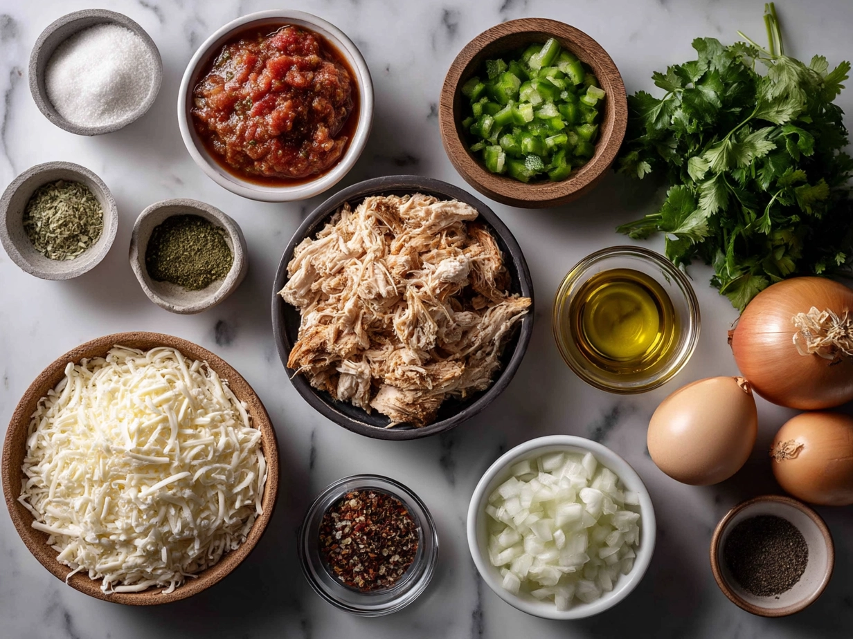 Ingredients for Shredded Chicken Enchilada Casserole laid out including shredded chicken, corn tortillas, cheese, black beans, and enchilada sauce