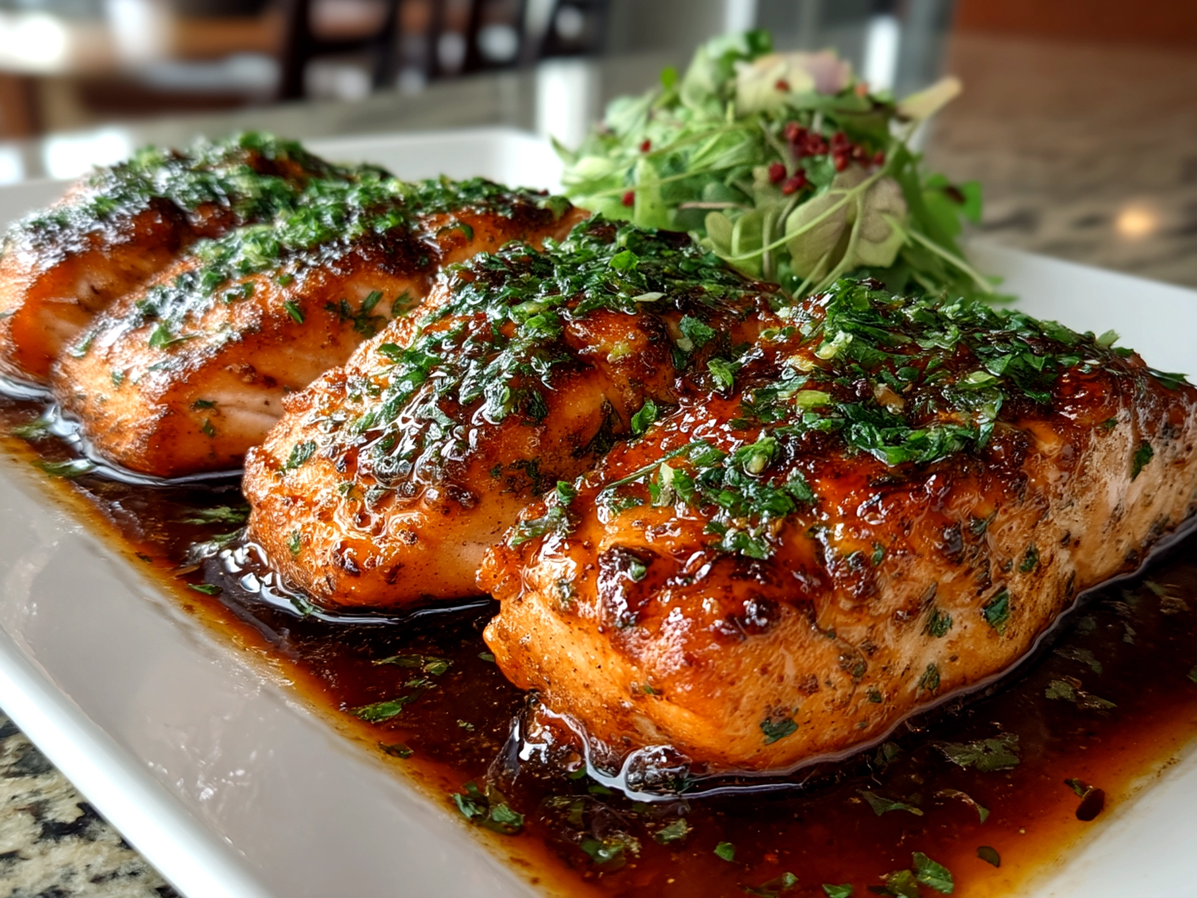 Slight angle close-up of finished Bang Bang Salmon plated with sauce and garnishes