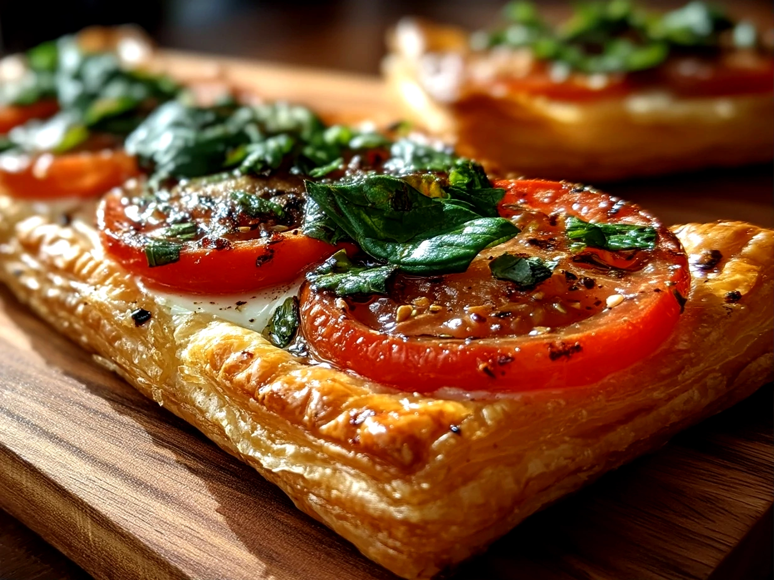 Slight angle close-up of a finished beautiful puff pastry Caprese on a wooden board with basil leaves and balsamic glaze