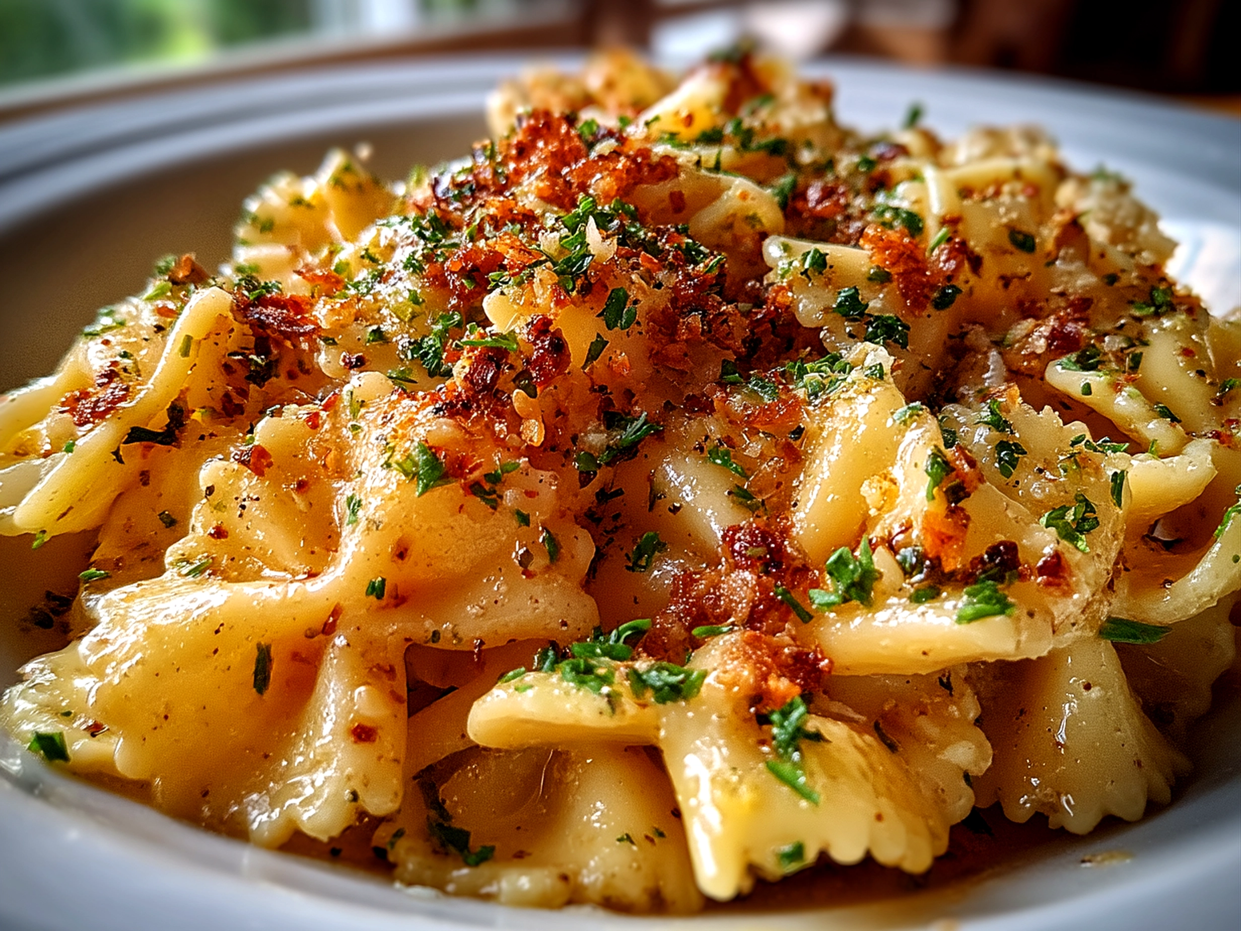 Slight angle close-up of finished creamy roast garlic and lemon pasta sauce with fresh herb garnish